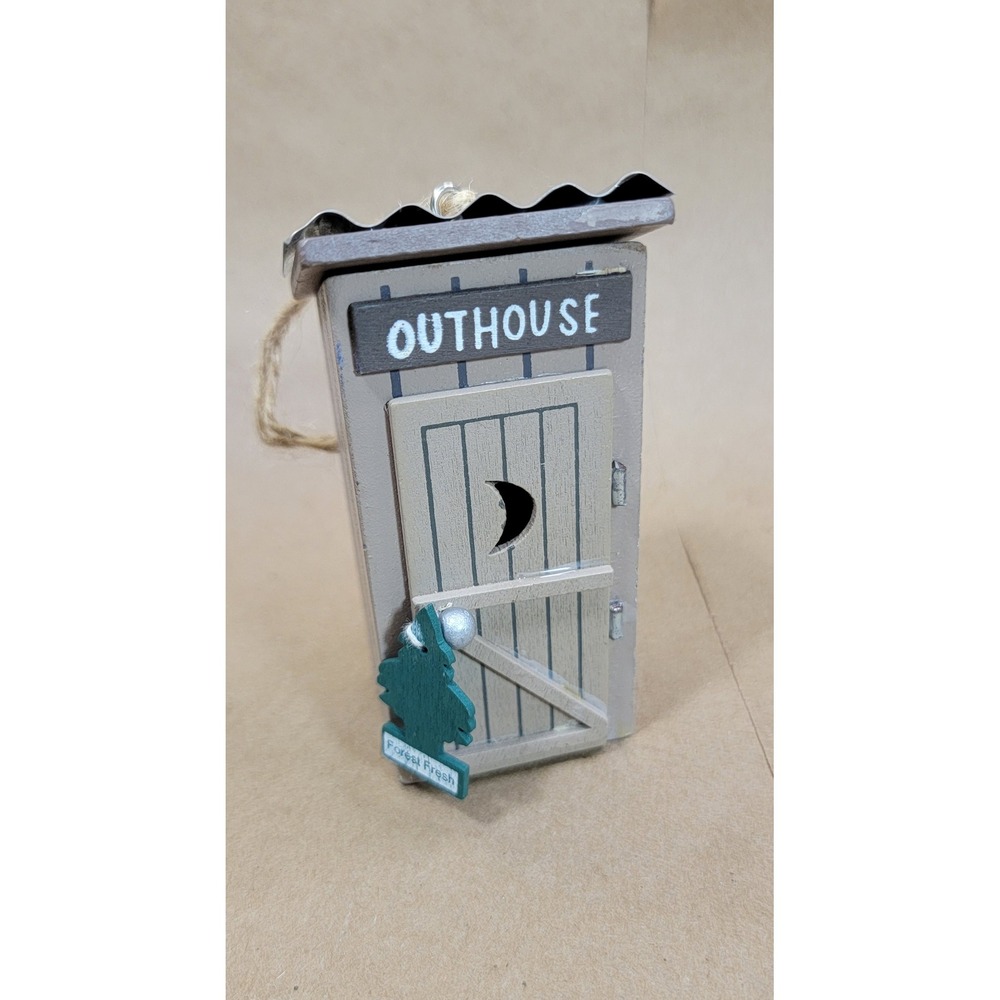 Rustic Wooden Outhouse Ornament Corrugated Metal Roof Forest Fresh Tree Decor